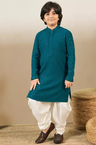 Boys designer chikankari & sequinned firozi green kurta set