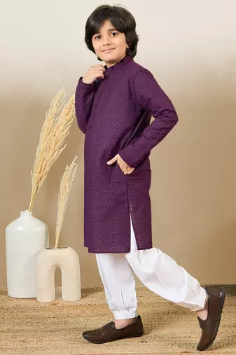 Premium cotton chikankari embroidered purple kurta set
