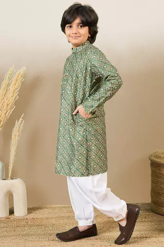 printed green kurta set with sequins