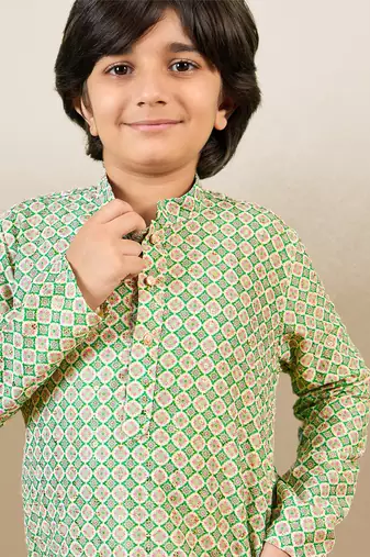 printed green kurta set with sequins