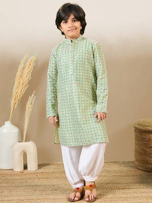 printed green kurta set with sequins 1