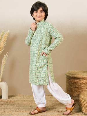 printed green kurta set with sequins 3