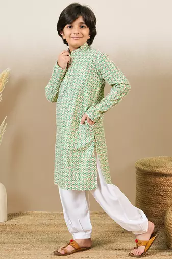 printed green kurta set with sequins