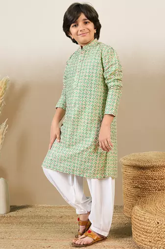 printed green kurta set with sequins