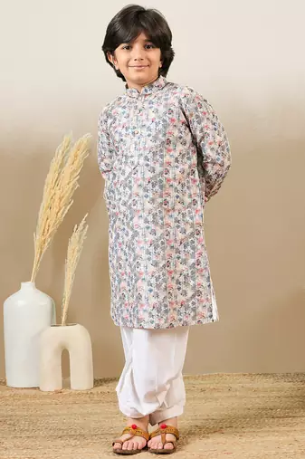 Zari embroidered light yellow printed kurta set