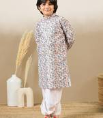 Zari embroidered light yellow printed kurta set