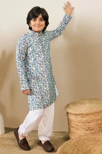 Zari embroidered blue designer printed kurta set