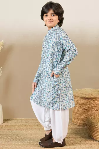 Zari embroidered blue designer printed kurta set