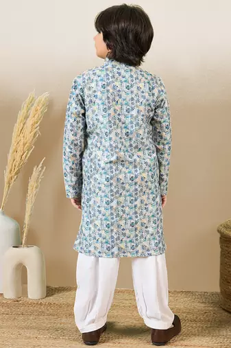 Zari embroidered blue designer printed kurta set