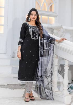 Women Modal Embroidery Straight Kurta With Pant And Dupatta Suit Set  1