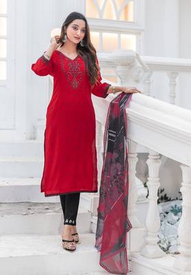 Women Modal Embroidery Straight Kurta With Pant And Dupatta Suit Set  1