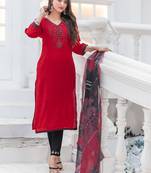 Women Modal Embroidery Straight Kurta With Pant And Dupatta Suit Set 