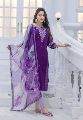 Women Modal Embroidery Straight Kurta With Pant And Dupatta Suit Set  1