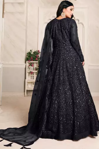 Black Net Resham Embroidered Wedding Wear Designer Anarkali Semi-Suit