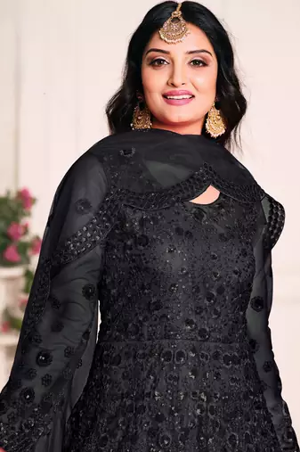 Black Net Resham Embroidered Wedding Wear Designer Anarkali Semi-Suit