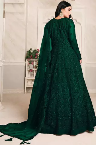 Green Net Resham Embroidered Wedding Wear Designer Anarkali Semi-Suit
