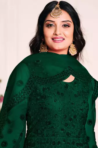 Green Net Resham Embroidered Wedding Wear Designer Anarkali Semi-Suit