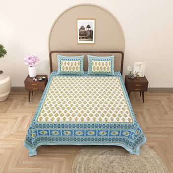 Rajasthani traditional jaipuri pure cotton king size double bedsheet with 2 pillow covers sets 1