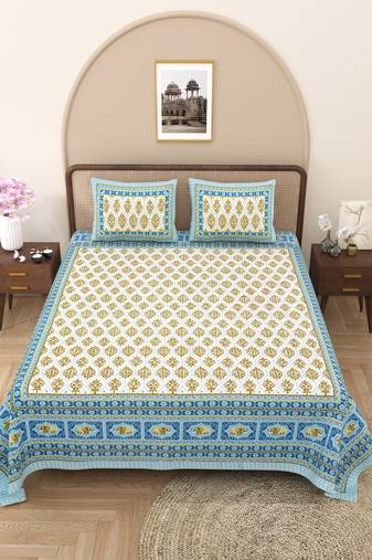 Rajasthani traditional jaipuri pure cotton king size double bedsheet with 2 pillow covers sets