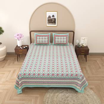 Rajasthani traditional jaipuri pure cotton king size double bedsheet with 2 pillow covers sets 1