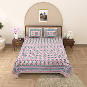 Rajasthani traditional jaipuri pure cotton king size double bedsheet with 2 pillow covers sets 1