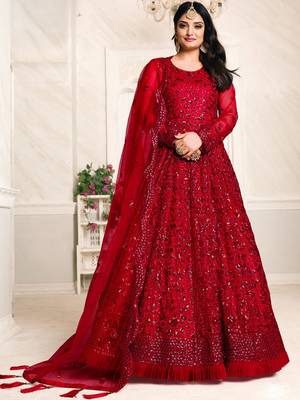 Red Net Resham Embroidered Wedding Wear Designer Anarkali Semi-Suit 1