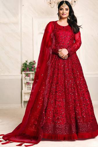 Red Net Resham Embroidered Wedding Wear Designer Anarkali Semi-Suit
