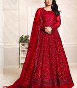 Red Net Resham Embroidered Wedding Wear Designer Anarkali Semi-Suit