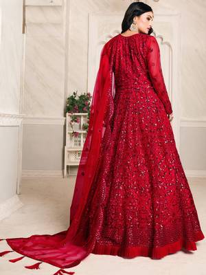 Red Net Resham Embroidered Wedding Wear Designer Anarkali Semi-Suit 2
