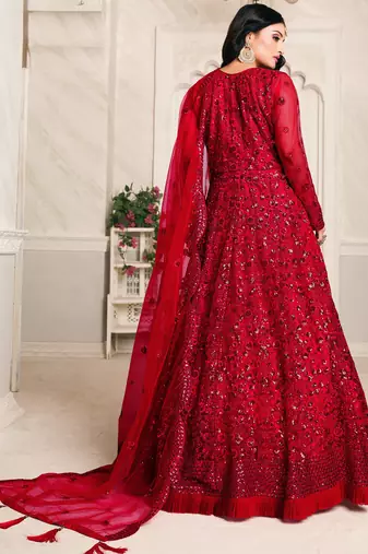 Red Net Resham Embroidered Wedding Wear Designer Anarkali Semi-Suit