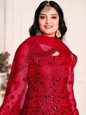Red Net Resham Embroidered Wedding Wear Designer Anarkali Semi-Suit 3