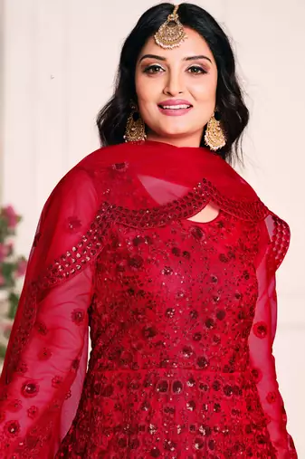 Red Net Resham Embroidered Wedding Wear Designer Anarkali Semi-Suit