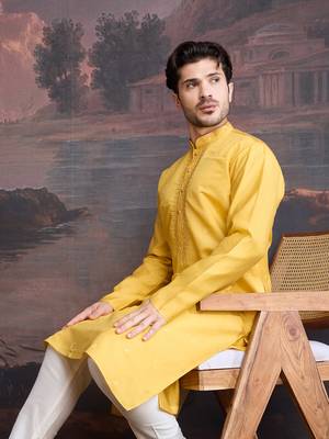 Men's stylish & designer yellow woven kurta 2