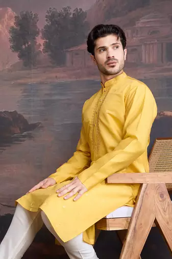 Men's stylish & designer yellow woven kurta