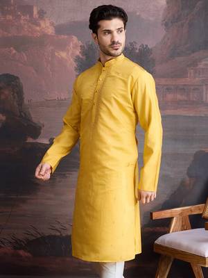 Men's stylish & designer yellow woven kurta 4