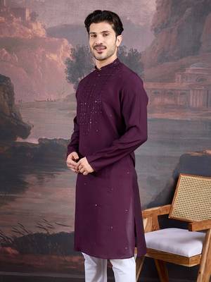 Men's stylish & designer purple woven kurta 4