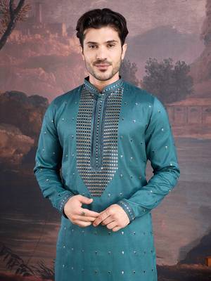 men's designer art silk green kurta with sequins accent 1