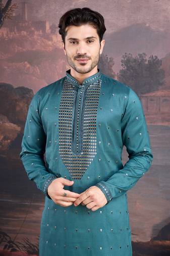 men's designer art silk green kurta with sequins accent