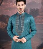 men's designer art silk green kurta with sequins accent