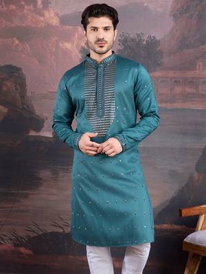 men's designer art silk green kurta with sequins accent 2