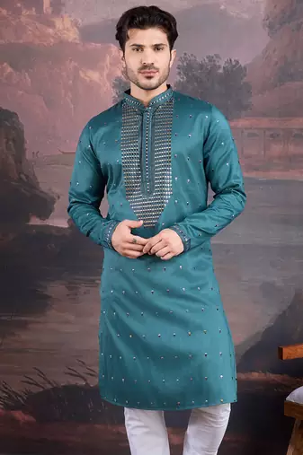 men's designer art silk green kurta with sequins accent