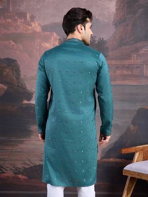 men's designer art silk green kurta with sequins accent 3