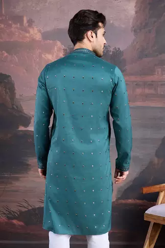 men's designer art silk green kurta with sequins accent