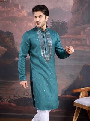 men's designer art silk green kurta with sequins accent 4