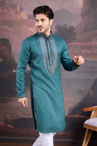 men's designer art silk green kurta with sequins accent