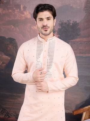 men's designer art silk peach kurta with sequins accent 1