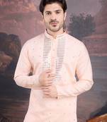 men's designer art silk peach kurta with sequins accent
