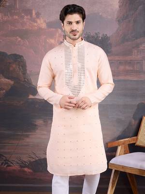 men's designer art silk peach kurta with sequins accent 2