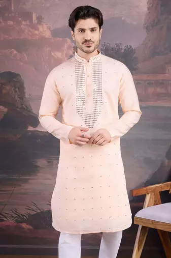 men's designer art silk peach kurta with sequins accent
