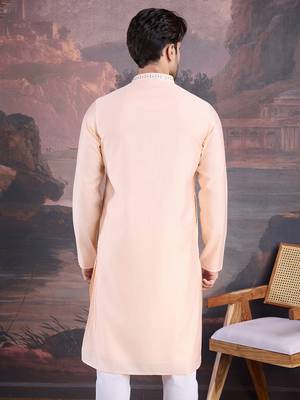 men's designer art silk peach kurta with sequins accent 3